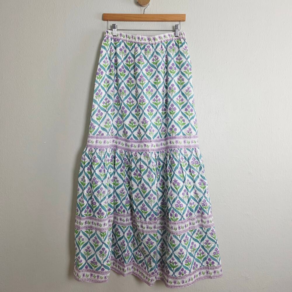 Alicia Bell Sutton Turquoise Purple Floral Silk Blend Tiered Maxi Skirt - Picture 9 of 12